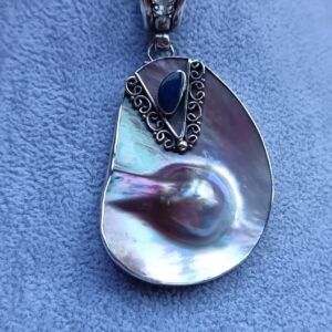 Chunky , designer Blue/Grey blister mabè pearl enhancer/pendant set in Sterling silver