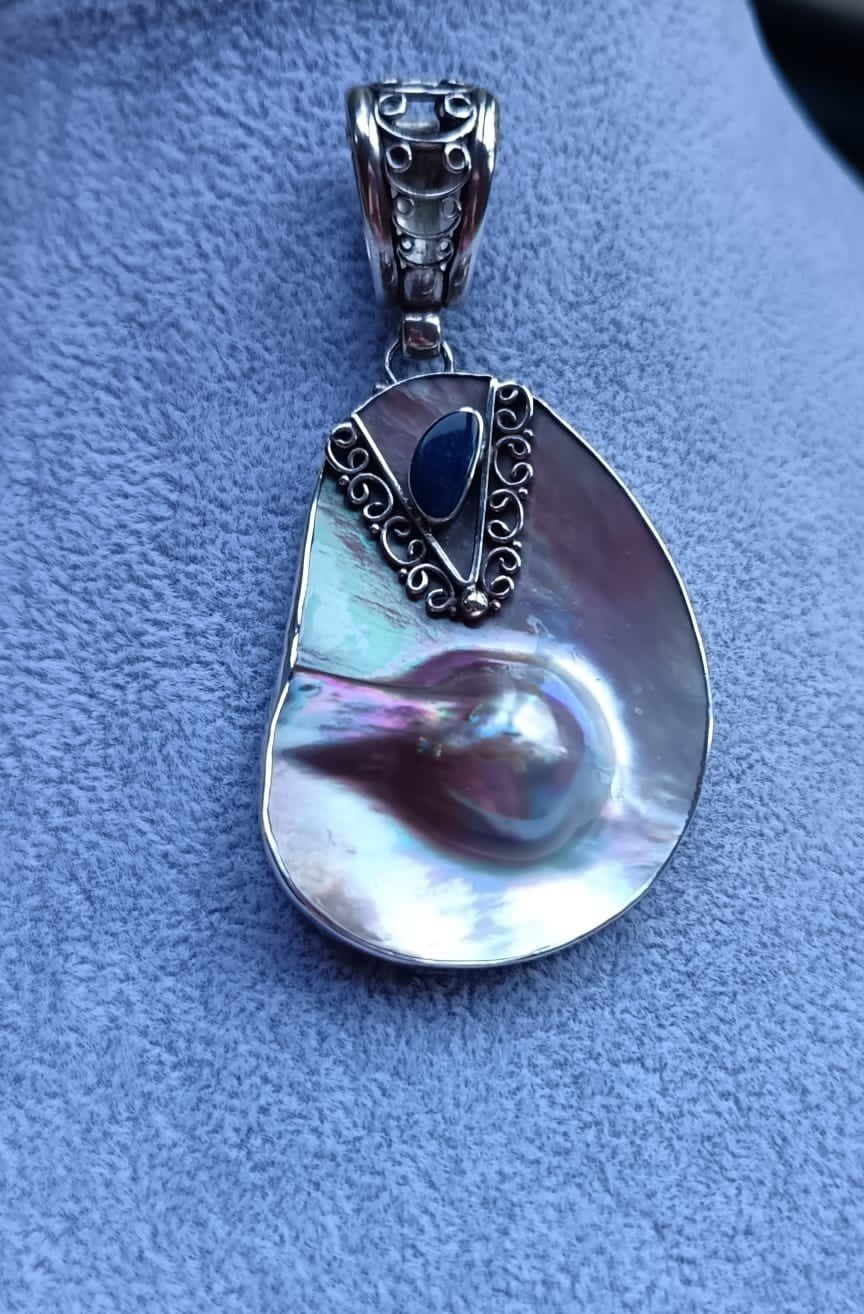 Chunky , designer Blue/Grey blister mabè pearl enhancer/pendant set in Sterling silver